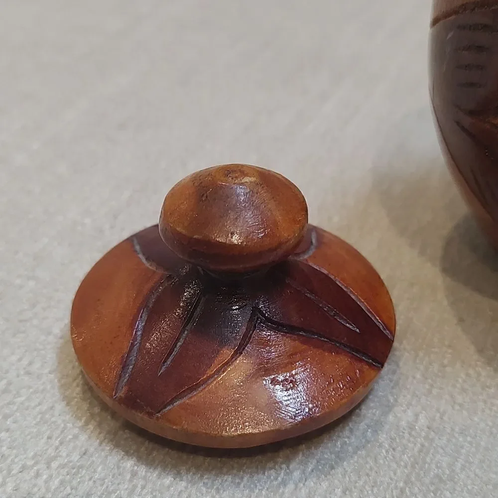 Vintage Small 2-Toned Carved Wood Floral Lidded Jar